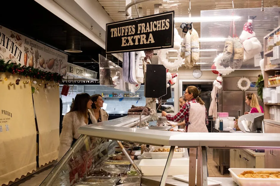 étal de marché avec enseigne 'Truffes Fraîches Extra' et clients conversant à Turin