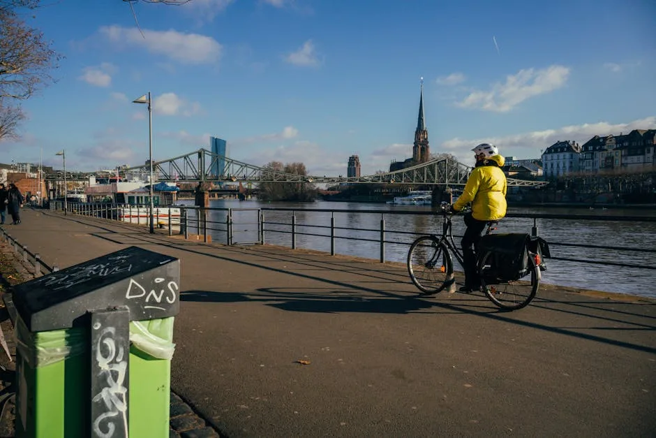 Cycliste en manteau jaune sur la piste du Po à Turin